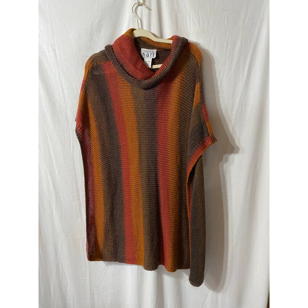 Vintage Karen Hart Orange Red Brown Stripe Cowl Neck Shawl Poncho Boho Western